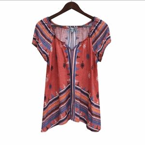 Absolutely Famous Multicolored Bohemian Southwestern Split Vneck Blouse Sz Lg